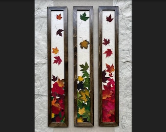 THE SKINNY Maple Leaf Framed Signed ORIGINAL Artwork; Set of 3 Real Pressed Maple Leaf Framed Home Decor in black or walnut solid wood frame
