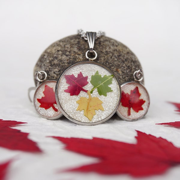 REAL Canadian Maple Leaf Necklace and Earring Set | Red Maple with White Background | Real Leaf Jewellery Canadiana Souvenir made in Canada