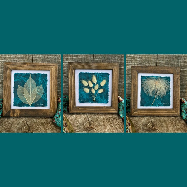 Real Pressed Botanical Framed Artwork on Teal Handmade Paper, Teal Home Decor Dried Leaf Framed Artwork, Herbarium Pictures Signed Original