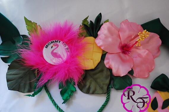 Flamingo Pineapple baby shower , Aloha baby shower maternity sash , tropical shower ,Hawaiian shower, leaves belly sash , pink yellow shower Il_570xn