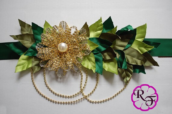 Gold green belly sash Greenery Babyshower, maternity sash Gold flower, Belly belt green leaves belly sash , mom to be sash, daddy to be tie Il_570xn