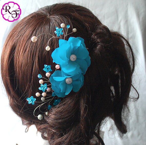 Hair Piece Turquoise Hair Flower Bridal Blue Flower Tone Comb Etsy