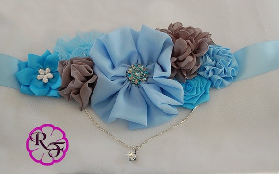 Maternity sash / Gray and blue Maternity sash /Pregnancy sash /blue and gray elephant baby shower / Mommy to be sash / Baby shower sash belt Il_570xn