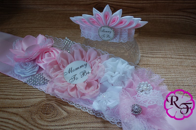 Maternity sash belt Pink white silver Crown princess baby shower w daddy to be