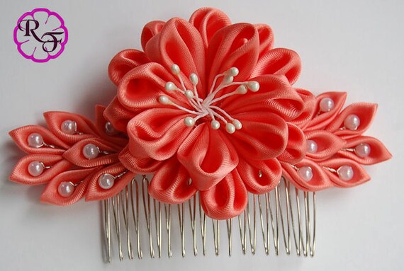 Kanzashi Flower , Beautiful coral Flower . tone comb , hair accessory. Hair piece . Hair flower clip Il_570xn
