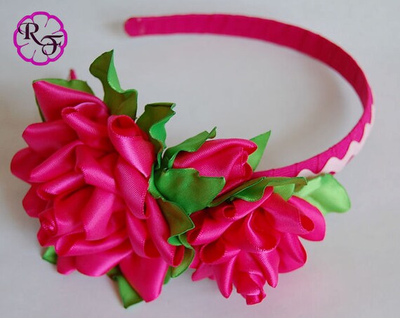 Kanzashi Flowers Pink Flowers Headband Kanzashi Headband Ribbon Roses Flower Girl Headband Hair Piece By Rain Of Flowers Catch My Party