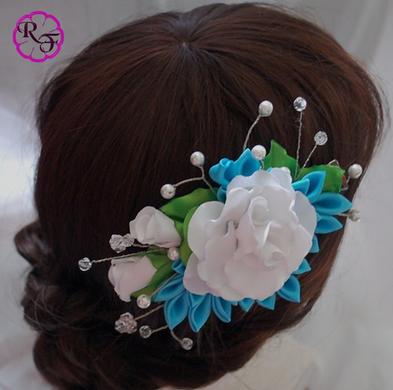 Hair piece , Headpiece hair flower cip , Bridal hair accessory ,white flowers , Kanzashi flowers , wedding hair accessory , Alligator clip Il_570xn