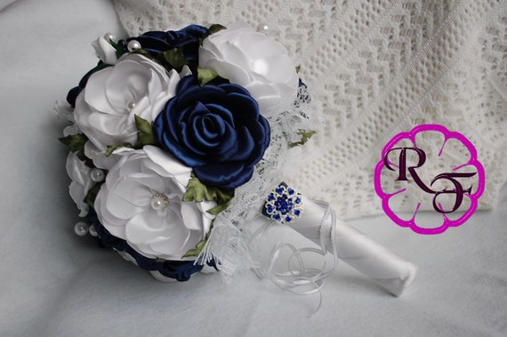 Navy wedding bouquet, Bridal bouquet, navy blue, white bridal bouquet , fabric flowers bouquet , satin flowers bouquet ,navy blue wedding Il_570xn