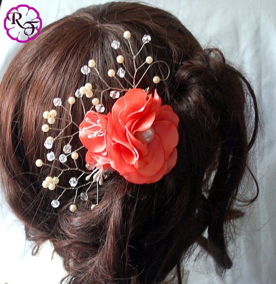 Flower hair clip , Bridal hair accessory , wedding tone comb , Floral hair piece , coral Flower , hair accessory , Floral , flower headpiece Il_570xn