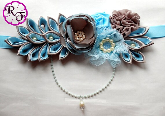 Blue and Gray Maternity sash /Pregnancy sash / Photography Prop / maternity belt / Mom maternity band / Baby shower sash / Blue belly sash Il_570xn