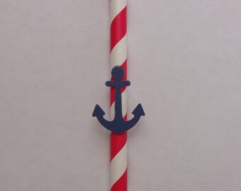 Red and White Striped Straw with Anchor Detail