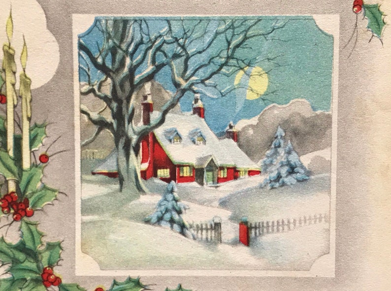 1930's Christmas Card Candles Red House in Snow | Etsy