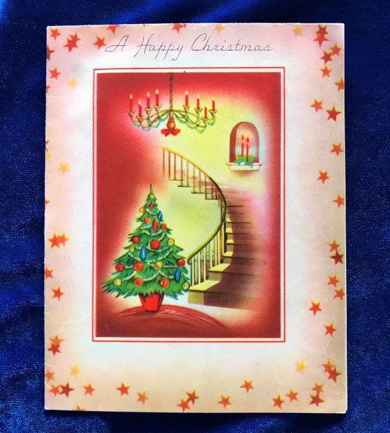 1930 S Christmas Card By Sommerfield Tree Candles Spiral Etsy