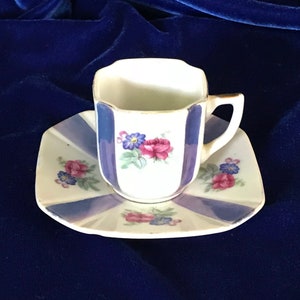 1930&#39;s Tiny Demitasse Cup and Saucer Purple & Pink Porcelain Lusterware Japan