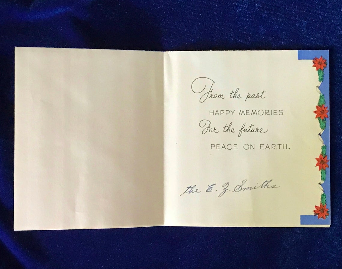 1942 Rust Craft Christmas Card Blue W Poinsettias Etsy