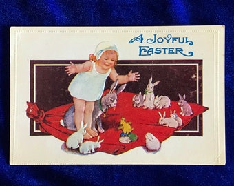 C.1910 Easter Postcard Bunny Rabbits Chick Beautiful Colors Antique Card