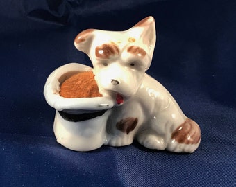 1930's Scottish Terrier Tiny Pin Cushion Ceramic Figurine Sewing Christmas Gift!