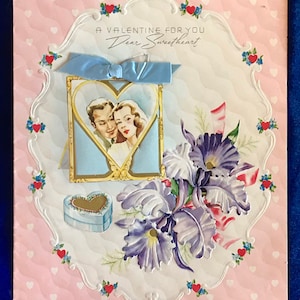 Huge Gorgeous 1930&#39;s Valentine Romantic Greeting Card Blue Ribbon