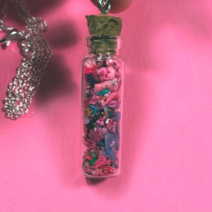 Pink Mini Bottle Necklace with Glitter - Glass Jar Necklace - Unique Jewelry for Artist Gifts - Cute Necklace