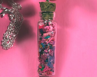 Pink Mini Bottle Necklace with Glitter - Glass Jar Necklace - Unique Jewelry for Artist Gifts - Cute Necklace