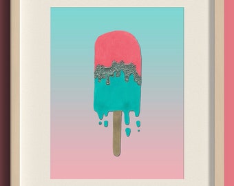 Coral and Mint Green Ice Cream Art Print for Whimsical and Cute Kitchen Decor or Preppy Wall Art