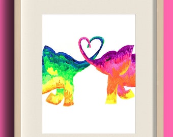 Rainbow Elephant Art Print with Heart Trunks