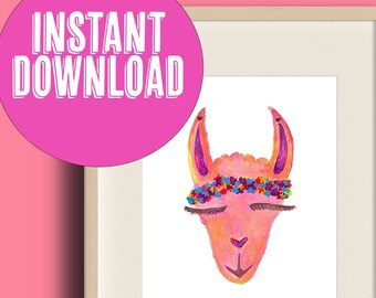 Lama Blumenkrone Print: Girly Boho Wandkunst (Digitaler Download)