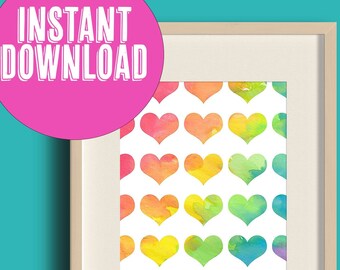 Watercolor Hearts Print: Rainbow Wall Art (Digital Download)