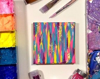 Abstract Rainbow Mini Canvas Painting 5x5, Funky Hot Pink Wall Art
