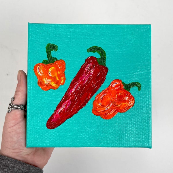 Tableau 6 x 6 po. piquants jalapeños et piments habanero pour décoration de cuisine kitsch ou oeuvre d'art murale de jardin