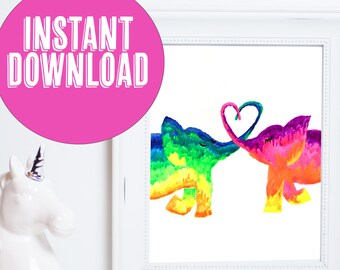 Rainbow Watercolor Elephant Print: Kawaii Nursery Art (Digital Download)