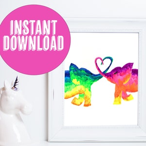 Kawaii Printable Baby Elephant Art Print with Rainbow Watercolors, Cute Valentine&#39;s Day, Mother&#39;s Day or Anniversary Gift