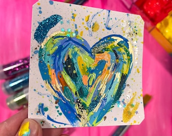 Mini Colorful Heart Painting with Optional Self Love Affirmation, Affirmation Cards for Self Love Art, Abstract Heart Art, Self Care Gift