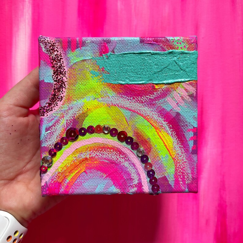 Mini Sparkle Painting 4x4, Girly Wall Art, Sequin Art for Glam Decor