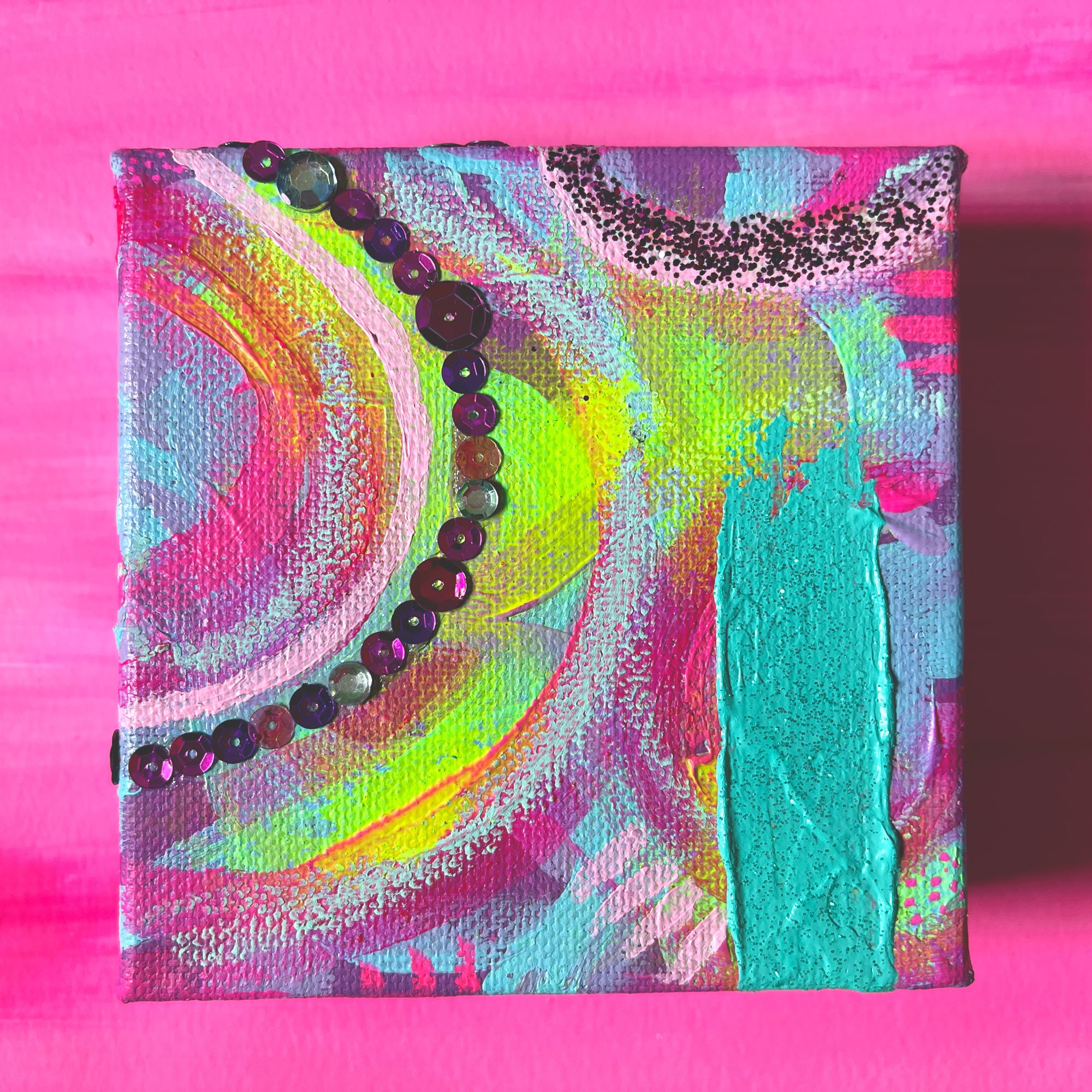 Mini Sparkle Painting 4x4, Girly Wall Art, Sequin Art for Glam Decor