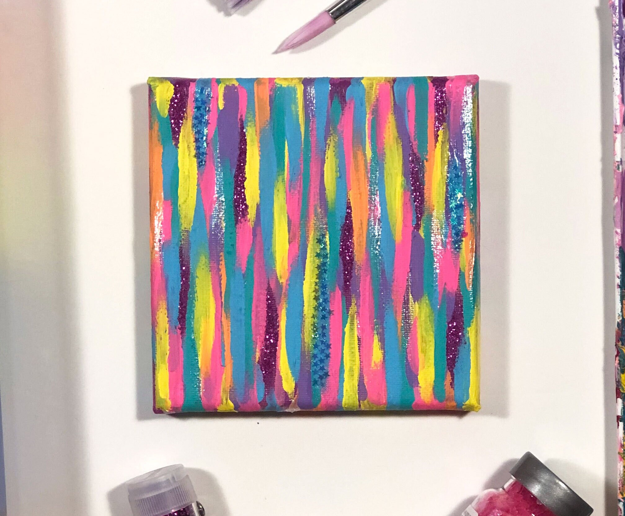 Abstract Rainbow Mini Canvas Painting 5x5, Funky Hot Pink Wall Art