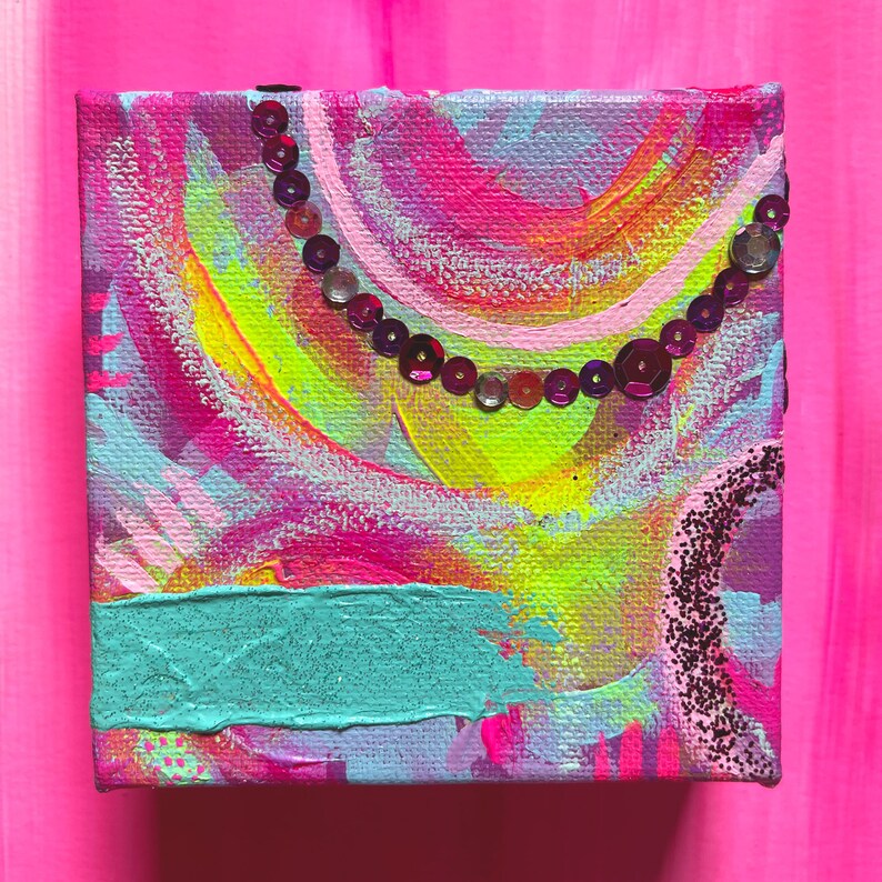 Mini Sparkle Painting 4x4, Girly Wall Art, Sequin Art for Glam Decor