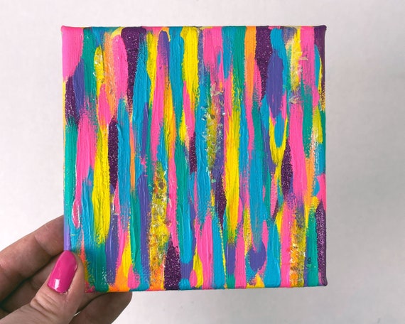 Abstract Rainbow Mini Canvas Painting 5x5, Funky Hot Pink Wall Art