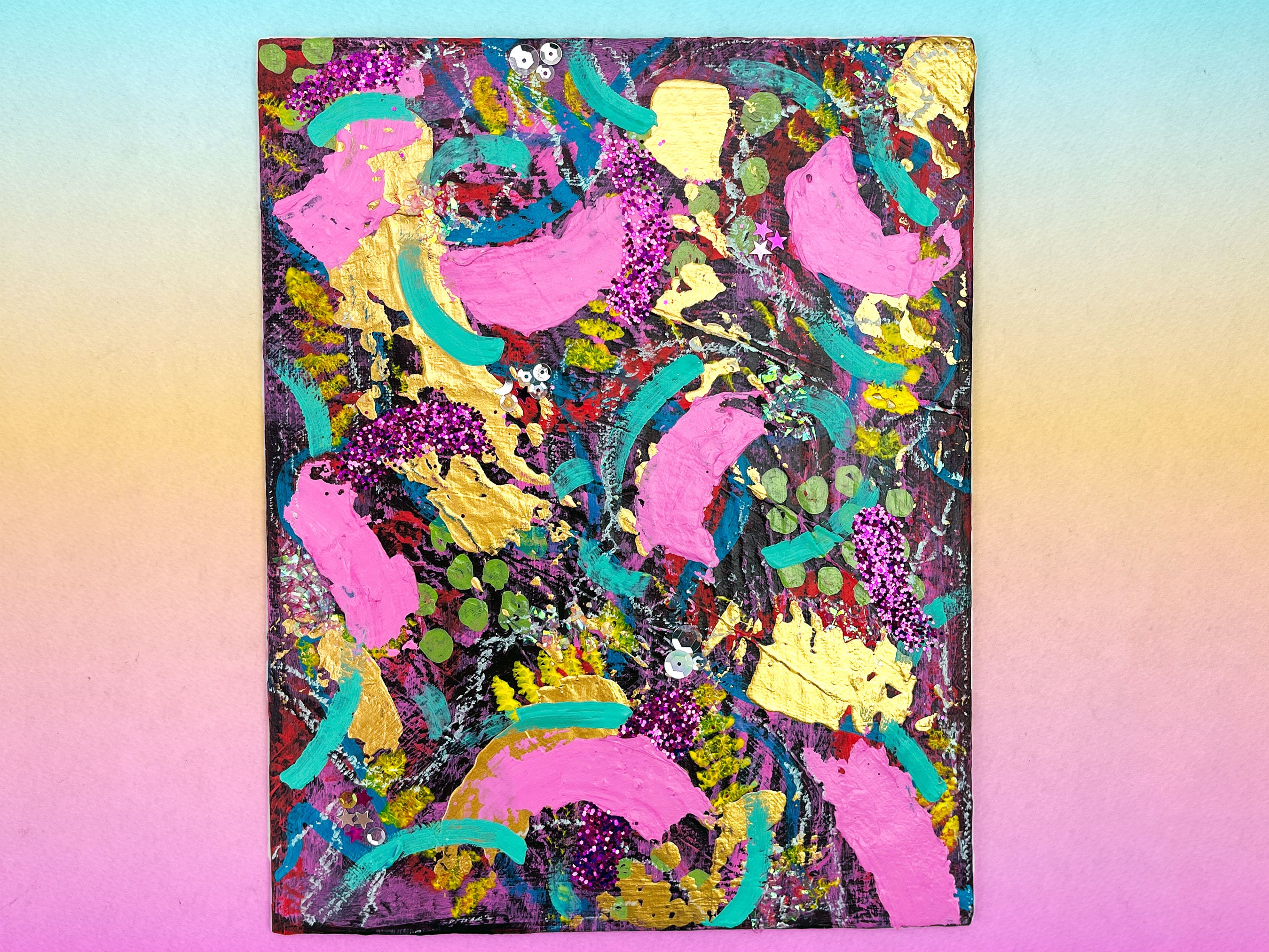 Mixed Media Textured Painting With Glitter and Sequins 8x10, Girly Wall