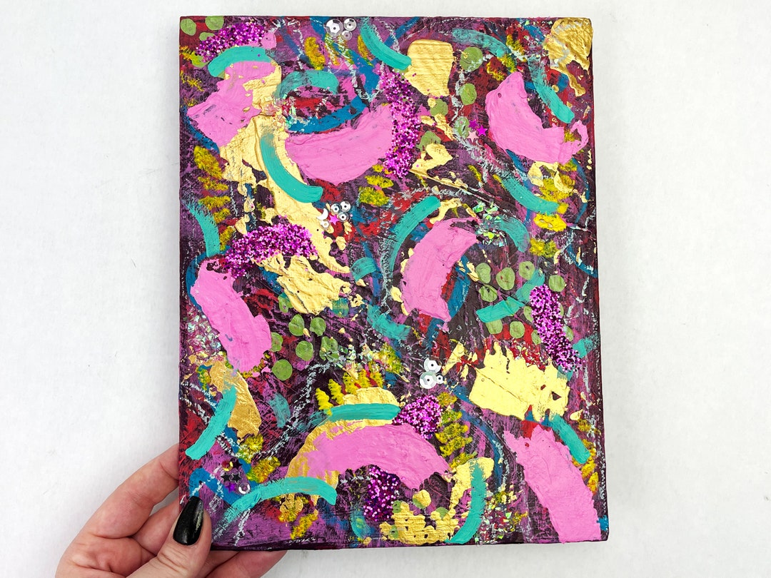 Mixed Media Textured Painting With Glitter and Sequins 8x10, Girly Wall