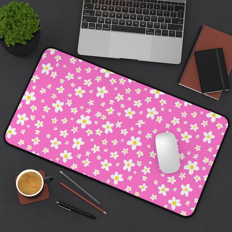 Cute Desk Mat With Daisies Over Bright Pink Fun Desk Etsy