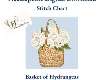 Cesta de hortensias en punto de aguja / Diseño digital en PDF / Arte con flores de primavera