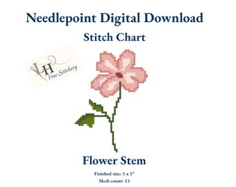 Bordado de punto de aguja con diseño de flores silvestres / Descarga digital del diseño en PDF / Malla 13 / Flor rosa