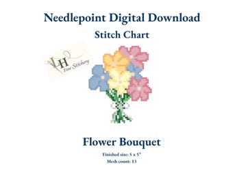 Ramo de flores bordado a punto de aguja / Diseño digital en PDF para descargar / Malla 13 / Hortensias florales