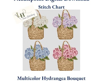 Conjunto de hortensias para bordado a punto de aguja / Diseño digital en PDF / Malla 13 / Ramo floral morado, rosa, blanco y azul