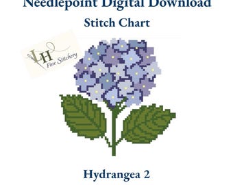 Diseño de hortensia de 2 tallos para bordado a punto de aguja / Descarga digital del diseño en PDF / Malla 13