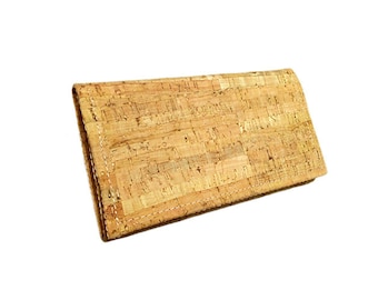 May include: A light brown cork wallet with a stitched edge.