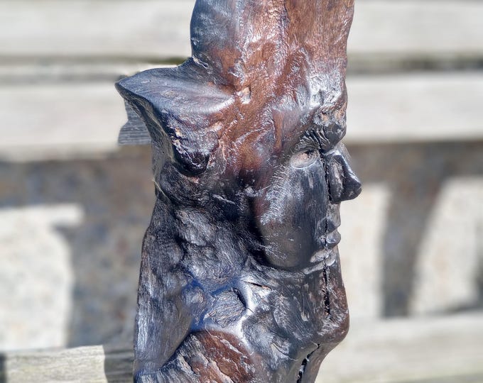 Ancient Bog Oak Sculpture — Hand-Carved Wooden Face from 5,000-Year-Old Wood