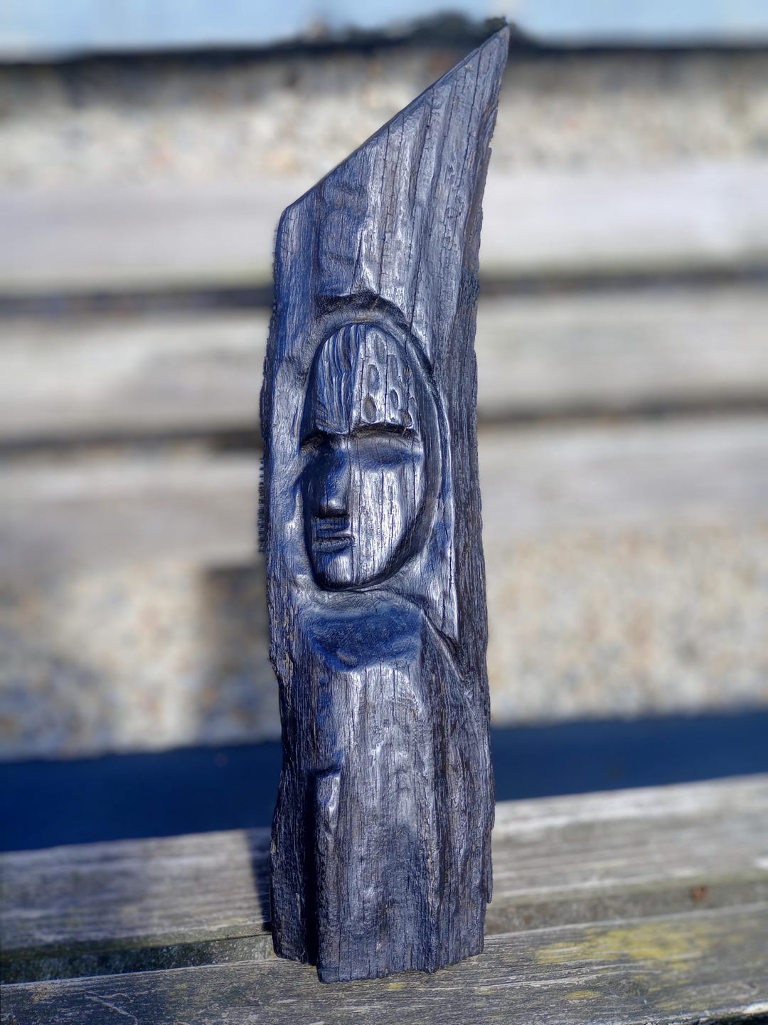 Hand-carved Bog Oak Sculpture – 18" Tall Wooden Face Carving – Ancient ...