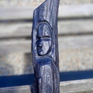 Hand-Carved Bog Oak Sculpture: 18&quot; Rustic Face Carving